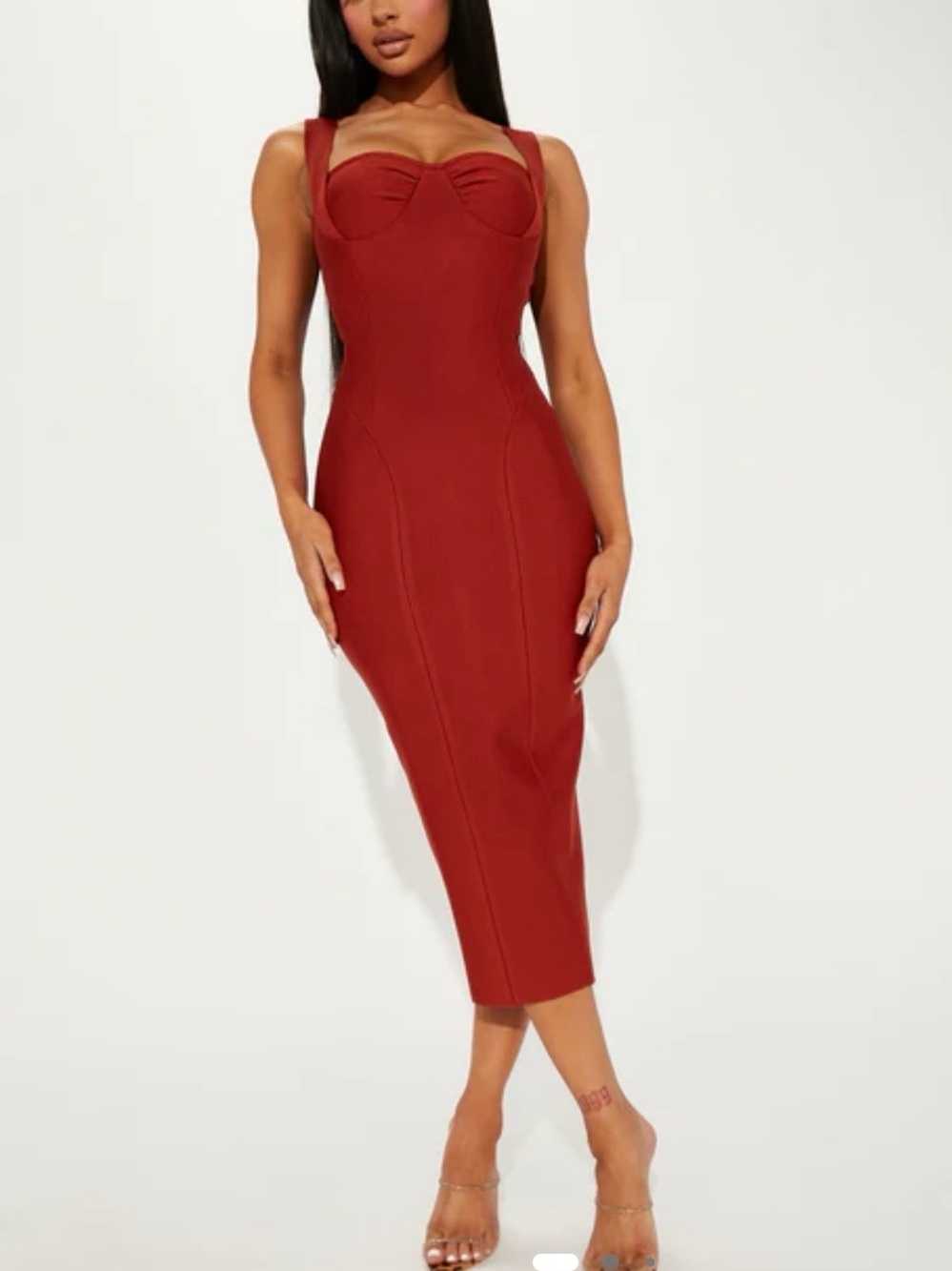 Fashion Nova Brick Red Bodycon Midi Dress